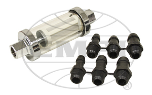 fuel filter - glass washable chrome with barbs Empi