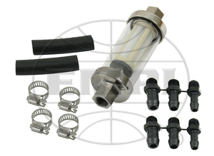 fuel filter - glass washable chrome with barbs & hardware Empi